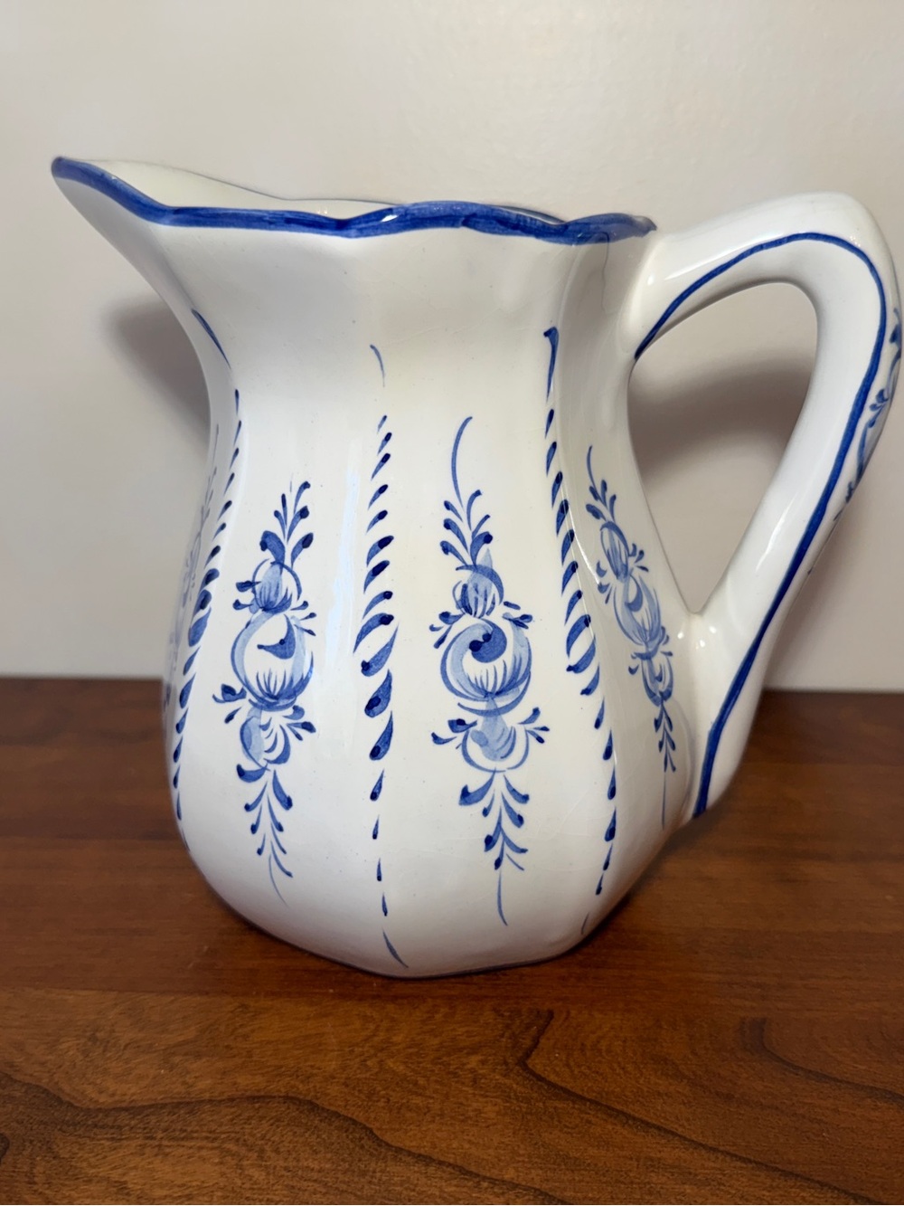 Blue and White Vintage Ceramic Floral Pitcher Hand-painted in Portugal